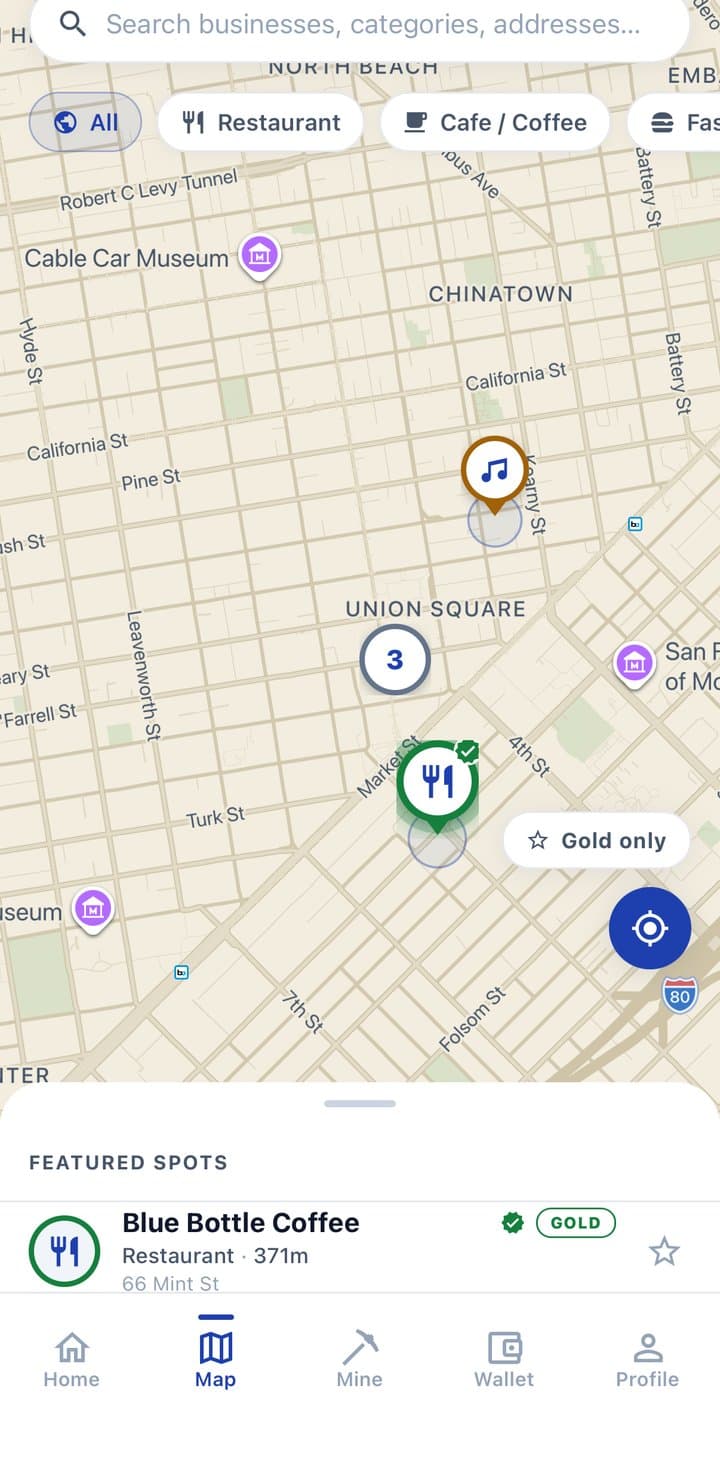 APP — Map screen with business pins & live rates